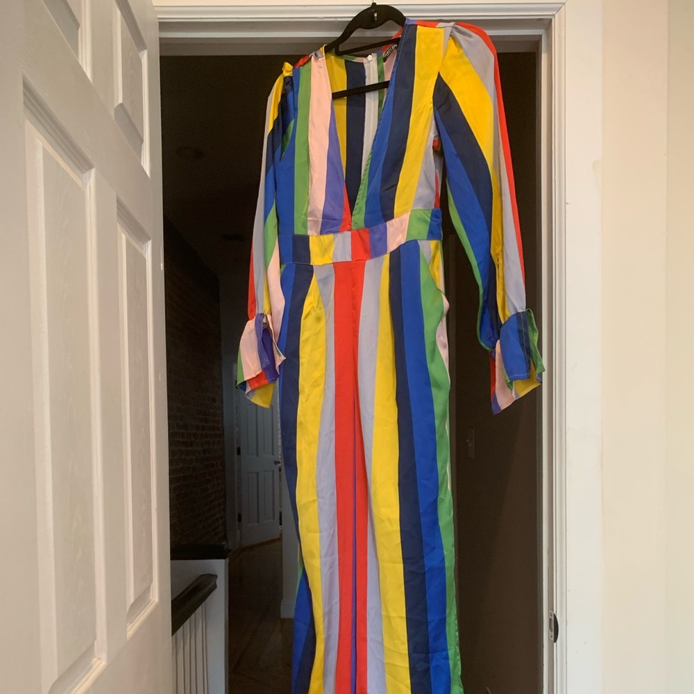 NASTY GAL. rainbow flare jumpsuit. Size 6